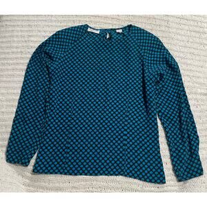 VTG Ann Taylor Studio Silk Polka Dot Blouse Womens Sz 10 Long Sleeve Black Blue